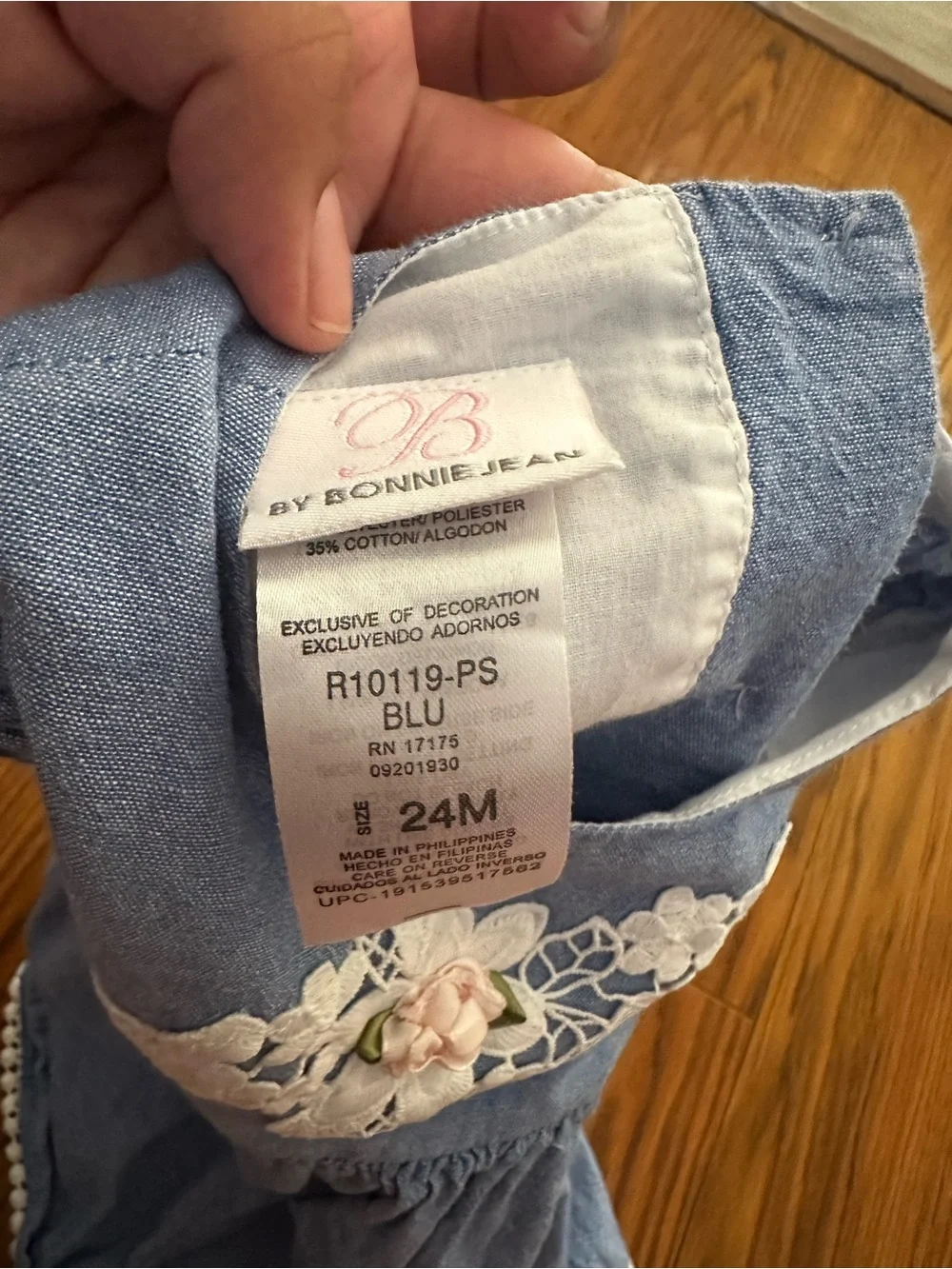Bonnie Jean Blue Denim-Look Dress with White Floral Appliqué